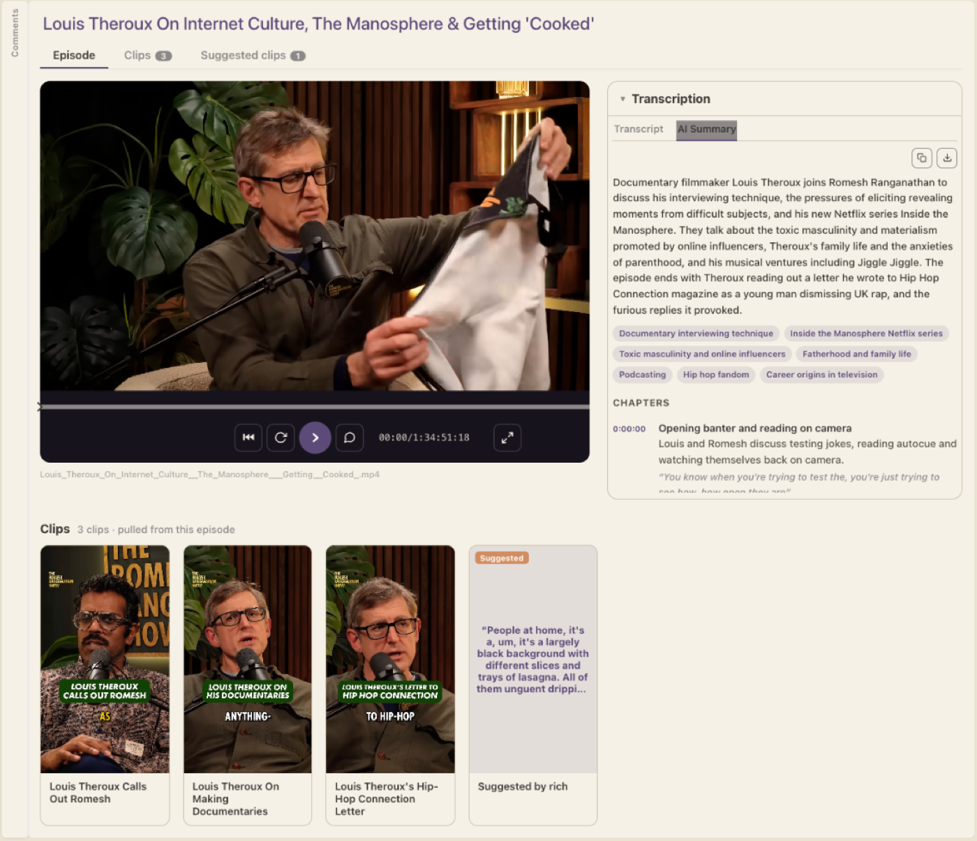 The PodLook review page: episode player, AI summary with chapters, and clips awaiting approval